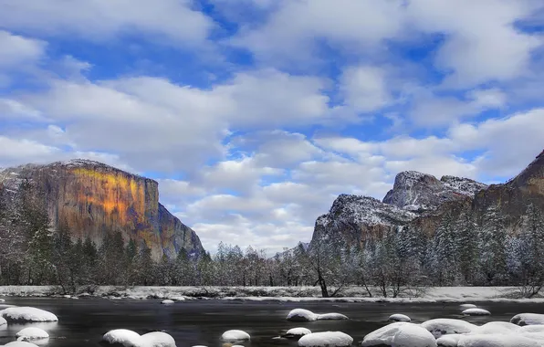 Winter, the sky, clouds, snow, mountains, lake, stones