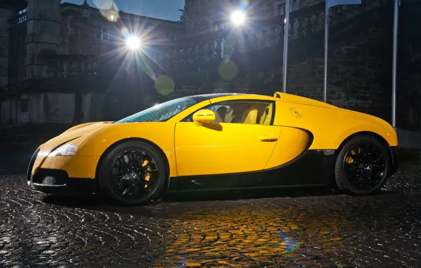 Bugatti, veyron, light, supercar, rain, yellow, drop, night