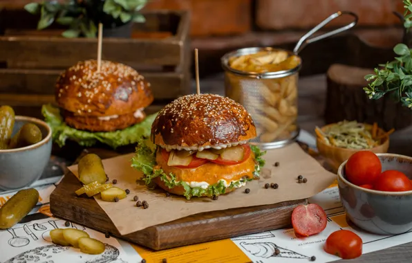 Vegetables, tomatoes, sauce, Patty, roll, sesame, fast food, Burger