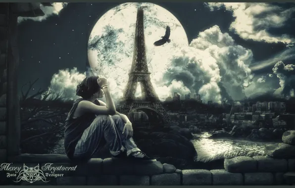 Picture girl, the moon, tower