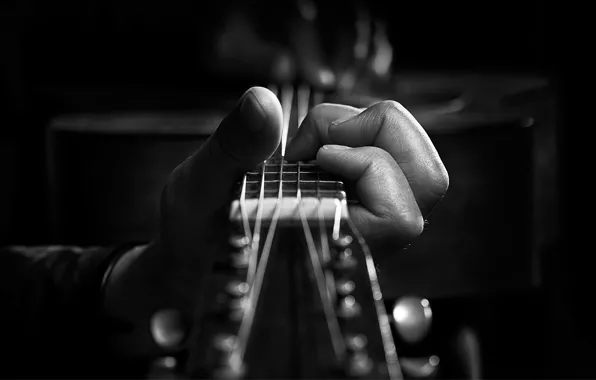 Picture GUITAR, HAND, MACRO, Black and WHITE, FRAME, NOTES, FINGERS, FRETS