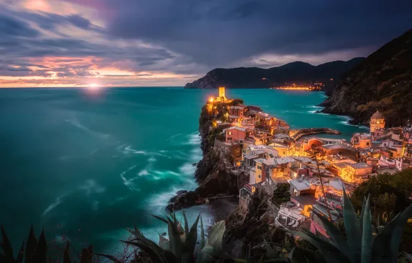 Sea, the sky, mountains, night, clouds, the city, lights, shore