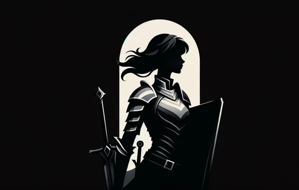 Girl, sword, fantasy, armor, minimalism, digital art, artwork, shield