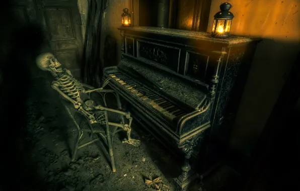 Picture music, skeleton, piano