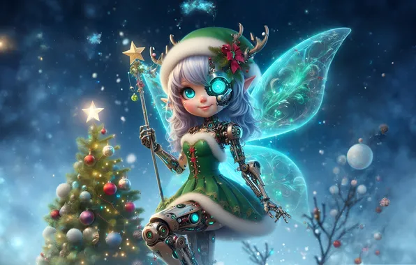 Elf, new year, Christmas, tree, cyborg