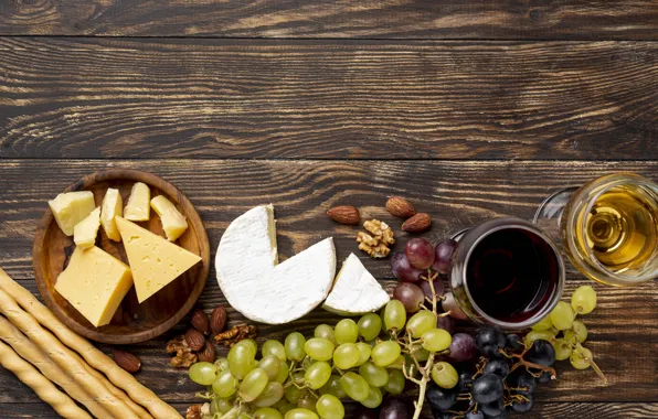 Wine, Board, food, cheese, glasses, grapes, pieces, pieces