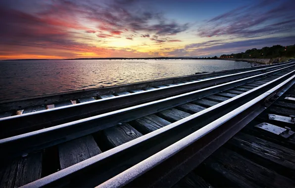Picture frost, lake, rails, Sunset, railroad