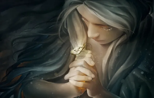 Girl, face, eyelashes, hair, art, chain