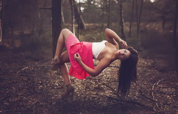 Picture forest, look, girl, brown hair, long-haired, levitation