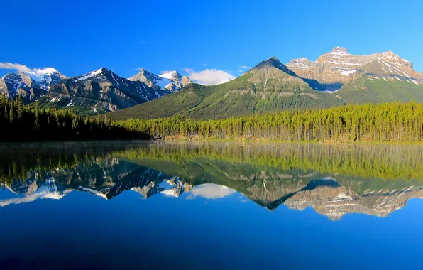 Forest, the sky, mountains, lake, reflection, Canada, Albert, Banff National Park