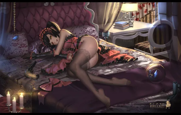 Gun, books, lamp, bed, stockings, candles, gloves, corset