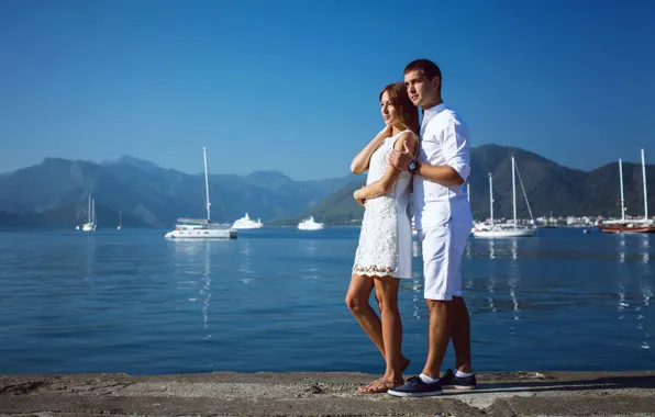Wallpaper sea, look, girl, the sun, mountains, romance, pair, male