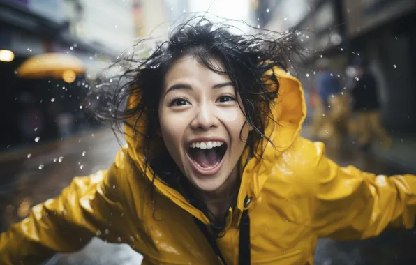 Girl, Look, Smile, Rain, Joy, Digital art, AI art, The Art of Artificial Intelligence