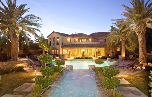 Style, palm trees, table, pool, chairs, fountain, house, pool