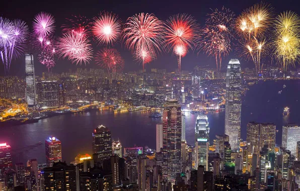 Hong Kong, salute, New Year, China, fireworks