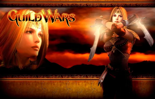 Girl, sunset, face, weapons, blonde, Guild Wars