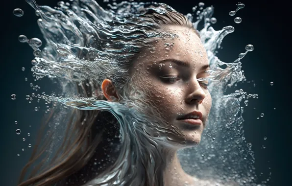 Water, girl, face, image, digital art, AI art, neural network, the art of artificial intelligence