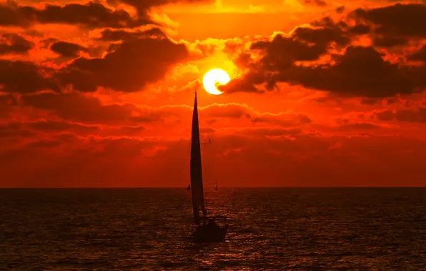 Sea, the sky, the sun, clouds, sunset, clouds, boat, yacht