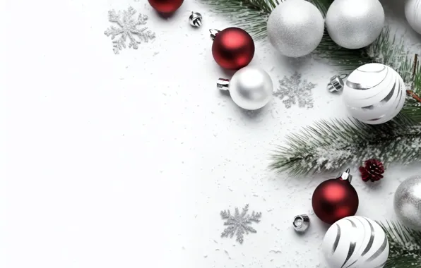Balls, branches, Christmas, red, white background, New year, white, needles
