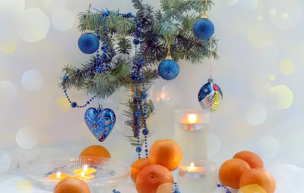 Branches, blue, table, holiday, heart, color, tree, new year