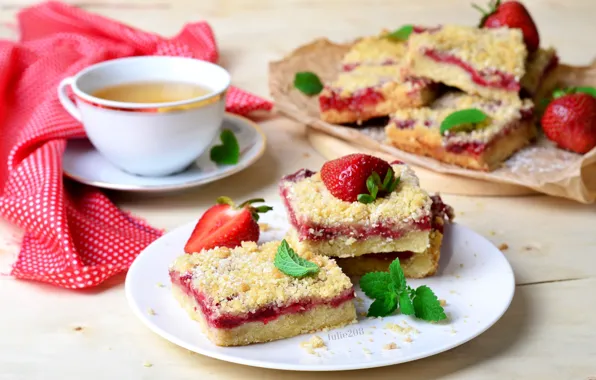 Picture tea, strawberry, pie, mint, cakes