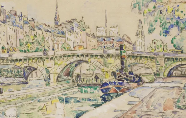 Picture bridge, figure, watercolor, Paul Signac, The Pont-Neuf. Paris