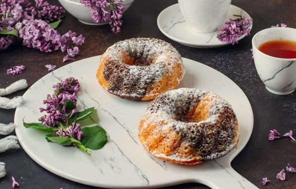 Tea, Cup, cakes, lilac, cupcakes, Kamran Aydinov