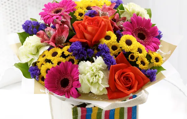 Picture photo, Flowers, Bouquet, Sunflowers, Roses, Gerbera, Alstremeria