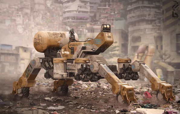 Picture fiction, garbage, robot, ruins, slums