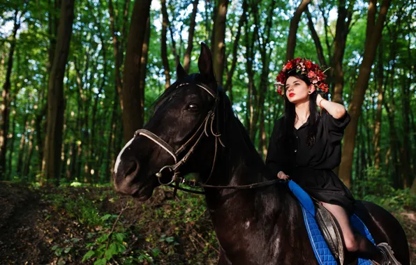 Forest, look, girl, flowers, nature, horse, horse, makeup
