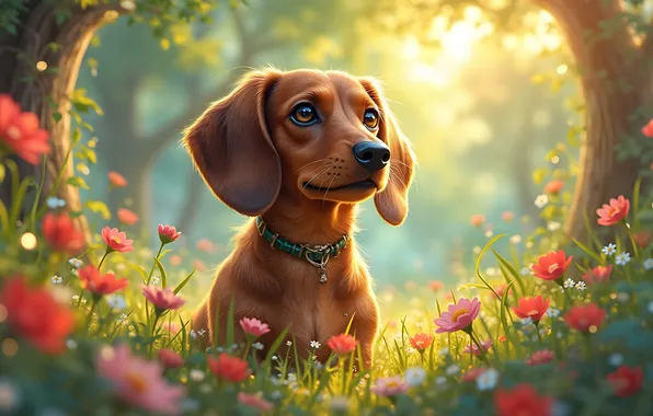 Look, flowers, nature, Park, dog, Dachshund, face, AI art