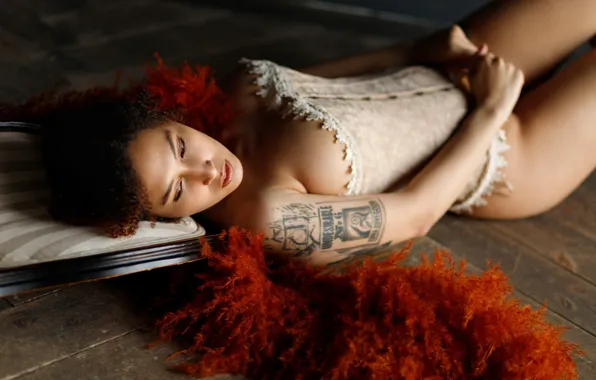 Girl, pose, tattoo, corset, curls, on the floor, Ksenia Sergeeva