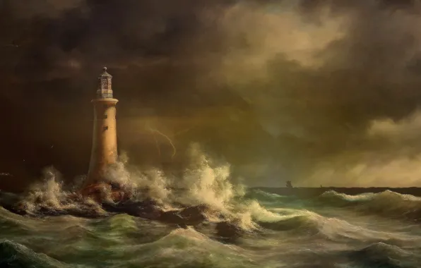 Sea, Figure, Lighthouse, Storm, Art, Art, Storm, Sea