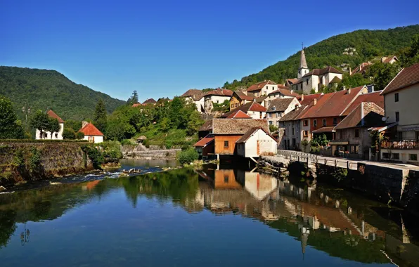 Mountains, river, France, building, home, village, promenade, France