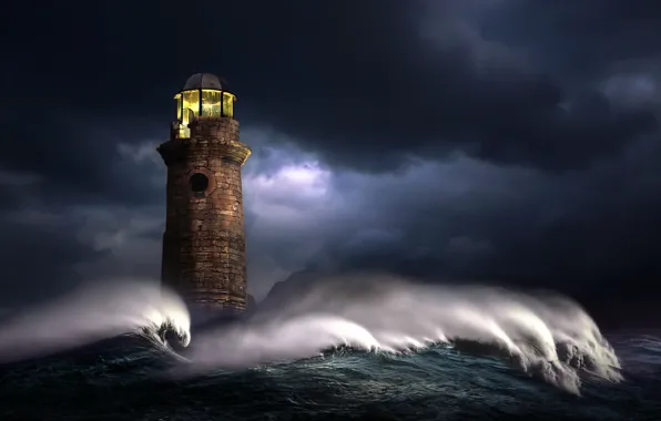 Sea, wave, light, night, clouds, storm, graphics, lighthouse