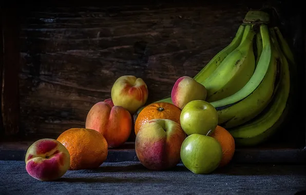 Oranges, bananas, still life, peaches, plum
