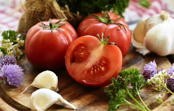 Table, food, vegetables, tomatoes, parsley, tomatoes, garlic