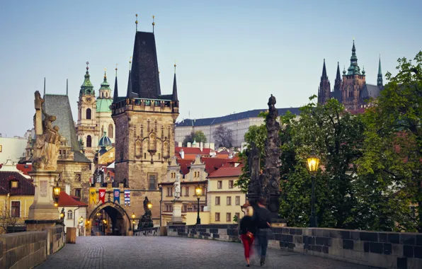 Trees, bridge, the city, people, the evening, pavers, Prague, Czech Republic