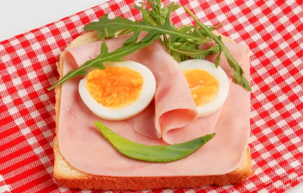 Picture eggs, sandwich, napkin, sandwich, ham, arugula