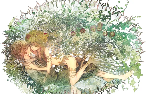 Picture leaves, girl, flowers, anime, tears, art, guy, shijuu ago
