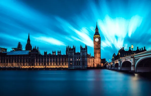 City, Clouds, Water, Night, London, England, Big Ben, River