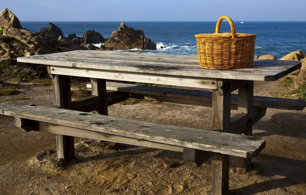 Picture sea, landscape, nature, table, basket, view, picnic
