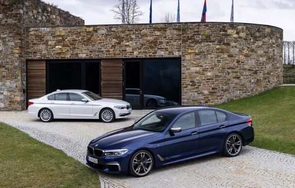 Picture white, lawn, BMW, Parking, hybrid, 5, dark blue, 2017