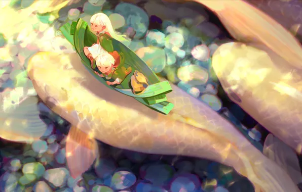 Wallpaper carp, water, fantasy, boat, children