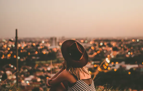 Picture girl, the city, hat, bokeh