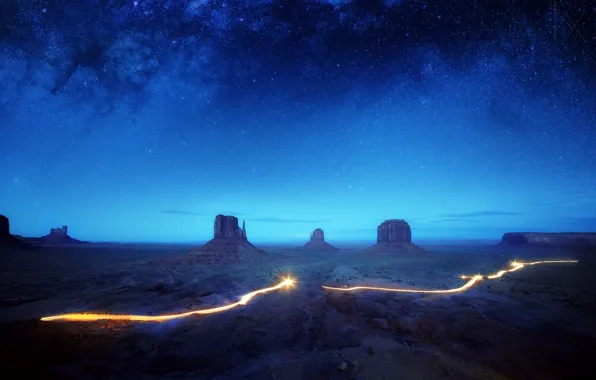 The sky, stars, mountains, night, rocks, desert, AZ, USA