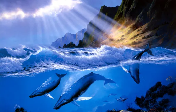 Sea, wave, clouds, rays, light, mountains, storm, blue