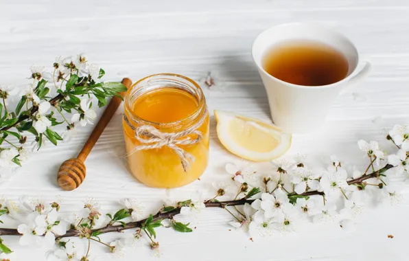 Picture flowers, branches, lemon, tea, honey