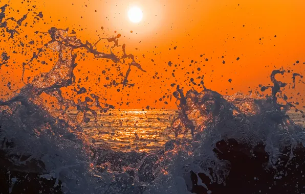 Picture sea, wave, the sky, the sun, sunset, squirt