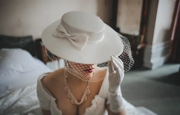 White, hat, the bride, bow. glove. necklace
